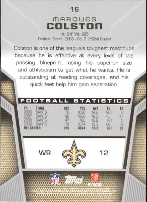2010 Topps Unrivaled #16 Marques Colston back image