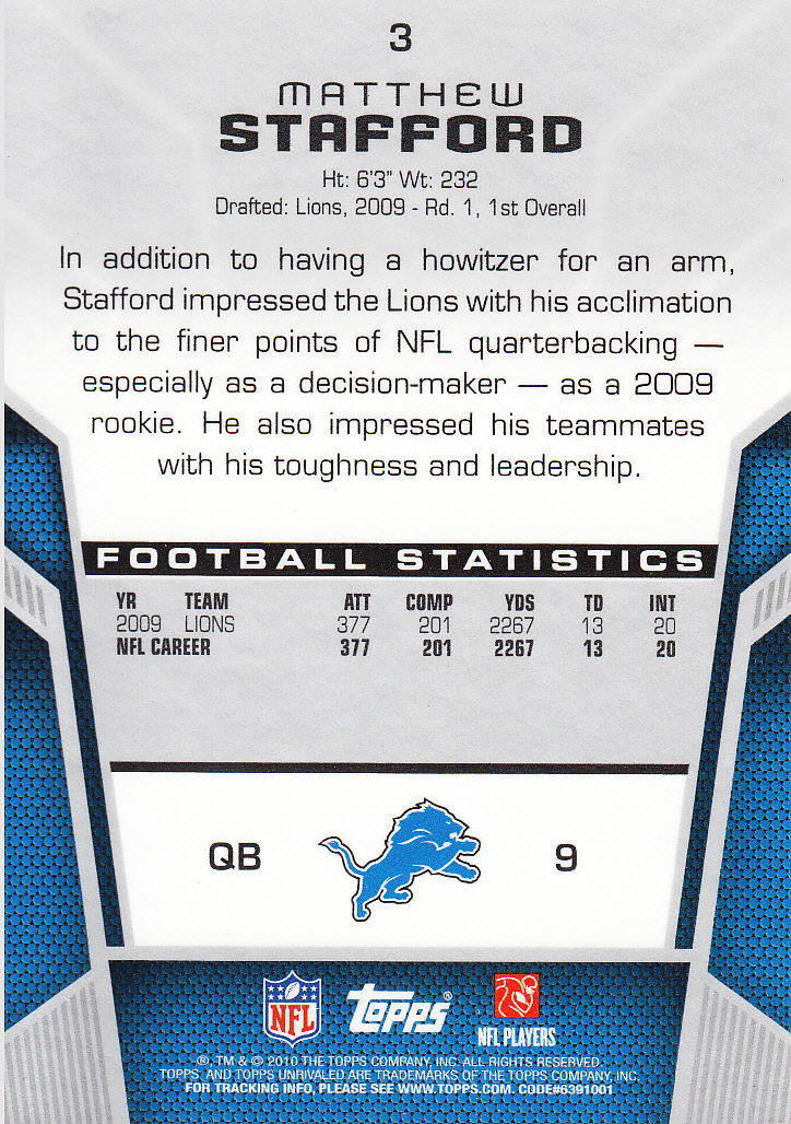 2010 Topps Unrivaled Gold 759 #3 Matthew Stafford back image