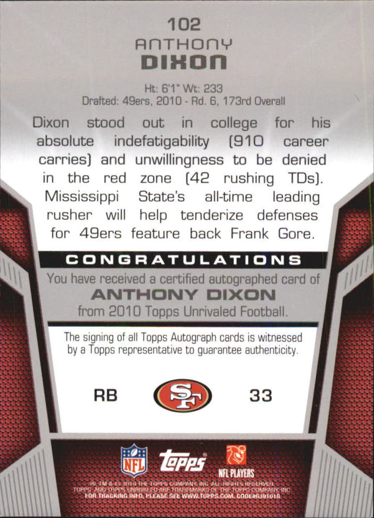 2010 Topps Unrivaled Rookie Autographs #102 Anthony Dixon/680 back image