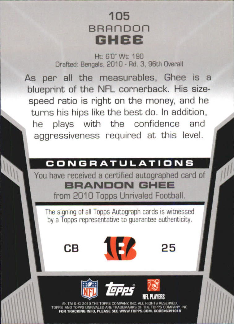 2010 Topps Unrivaled Rookie Autographs #105 Brandon Ghee/780 back image