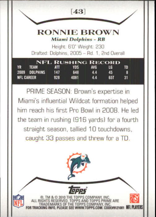 2010 Topps Prime #43 Ronnie Brown back image