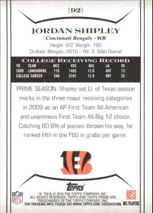 2010 Topps Prime #92 Jordan Shipley RC back image
