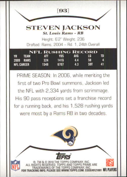 2010 Topps Prime #93 Steven Jackson back image
