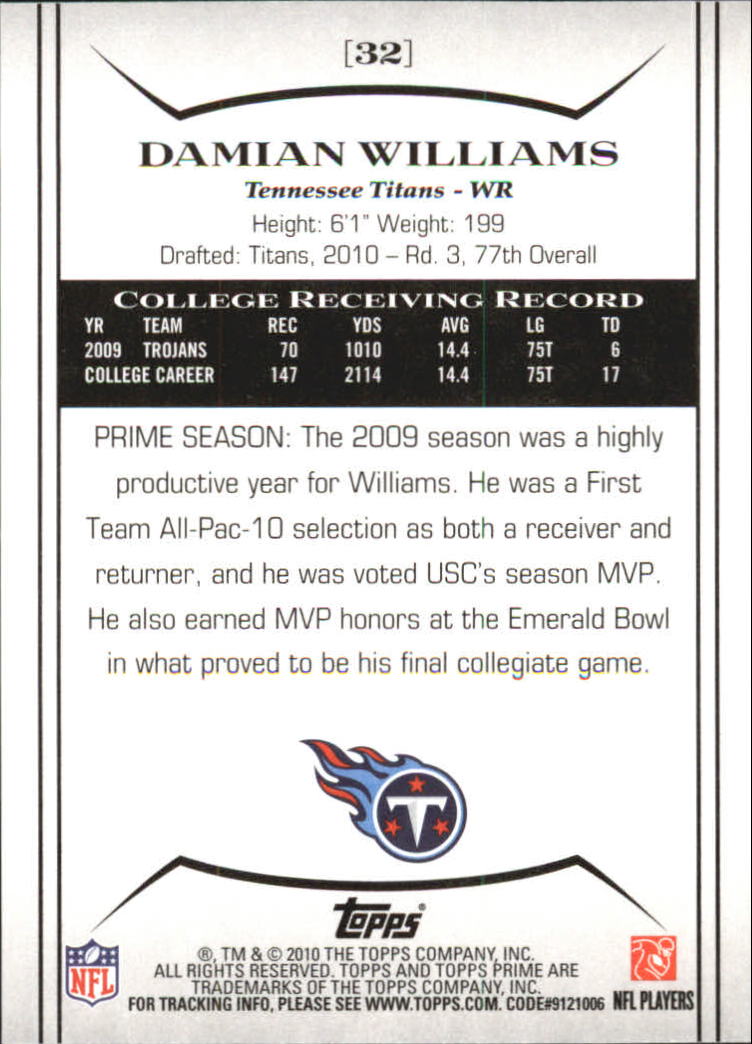 2010 Topps Prime Gold #32 Damian Williams/699 back image