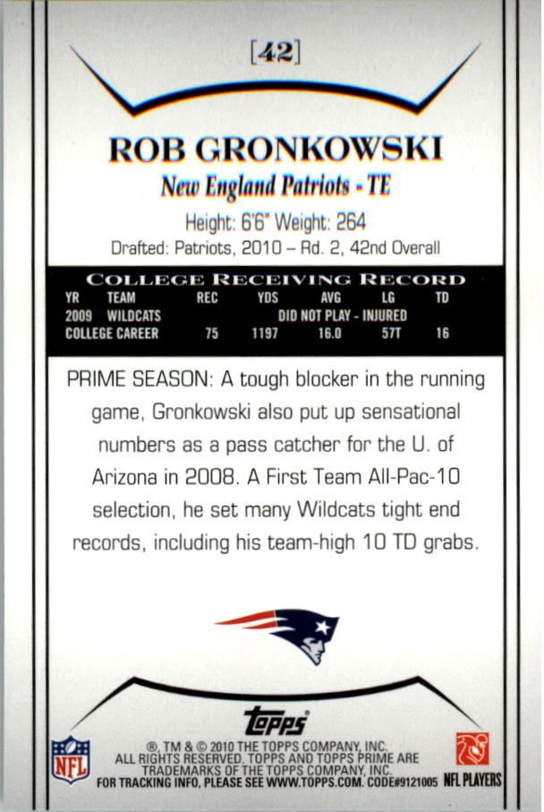 2010 Topps Prime Retail #42 Rob Gronkowski RC back image