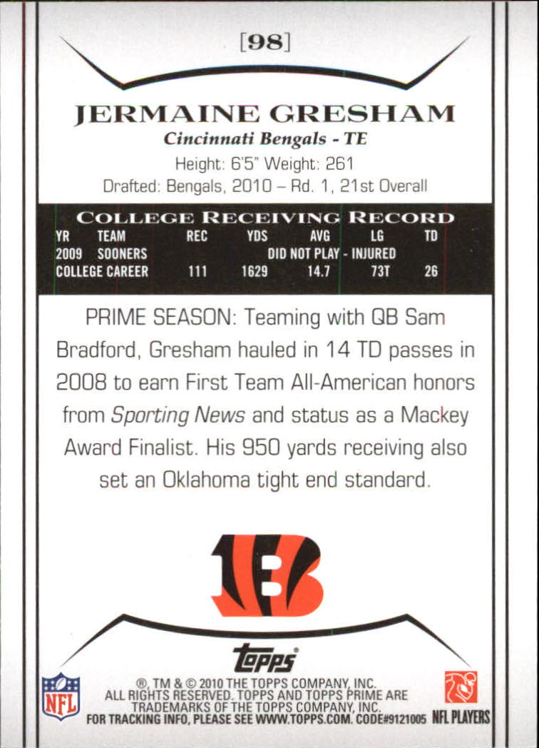 2010 Topps Prime Retail #98 Jermaine Gresham RC back image