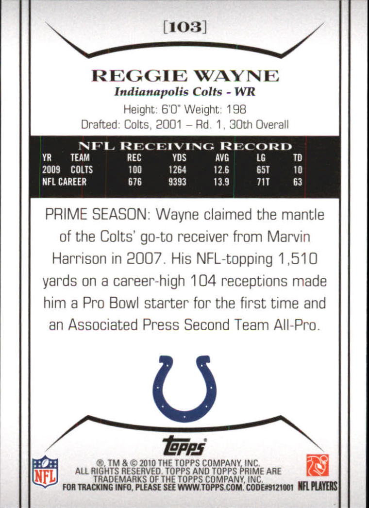 2010 Topps Prime Retail #103 Reggie Wayne back image