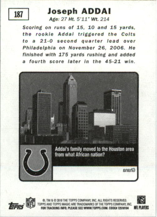2010 Topps Magic Mini #187 Joseph Addai back image