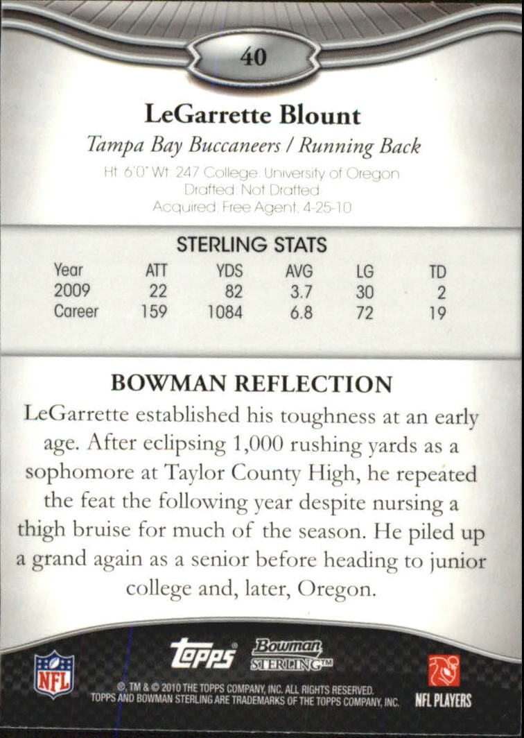 2010 Bowman Sterling #40 LeGarrette Blount RC back image
