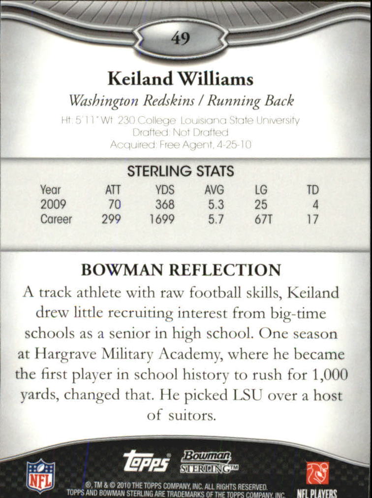 2010 Bowman Sterling #49 Keiland Williams RC back image