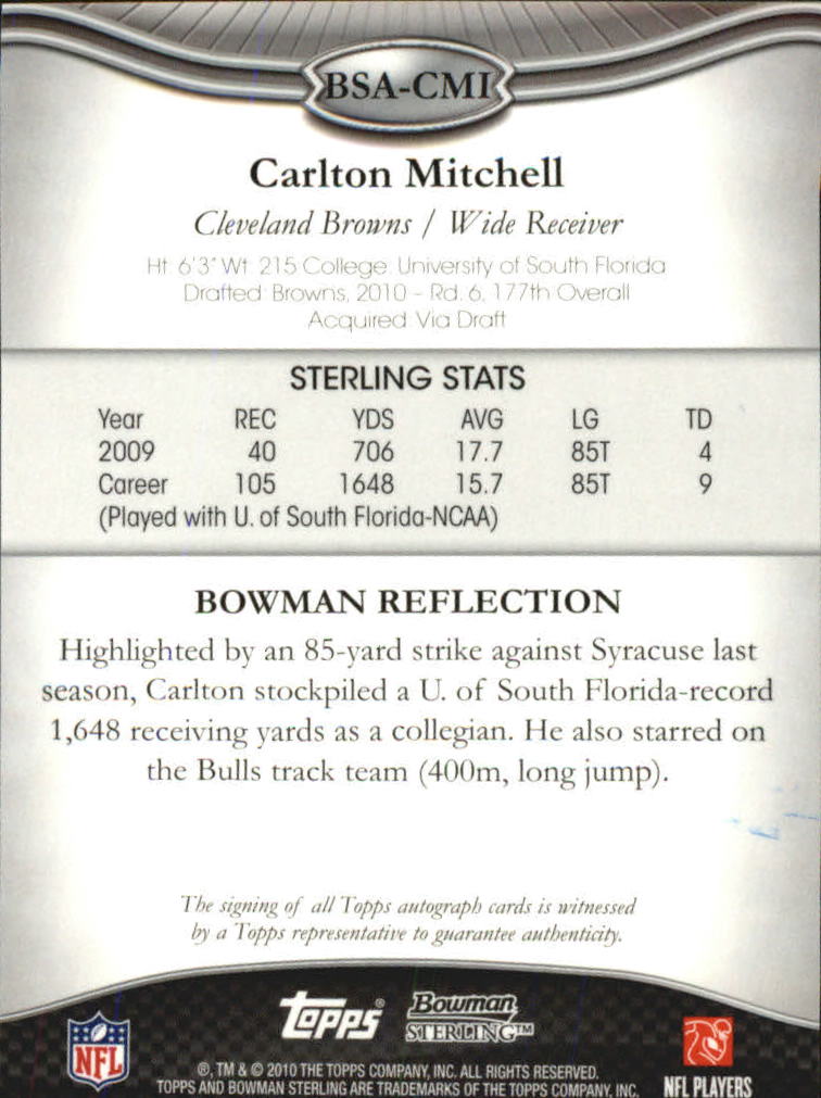2010 Bowman Sterling #BSACMI Carlton Mitchell AU D back image