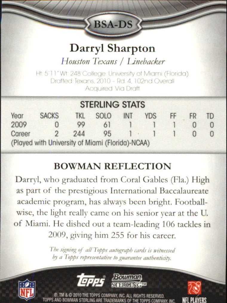 2010 Bowman Sterling #BSADS Darryl Sharpton AU D RC back image