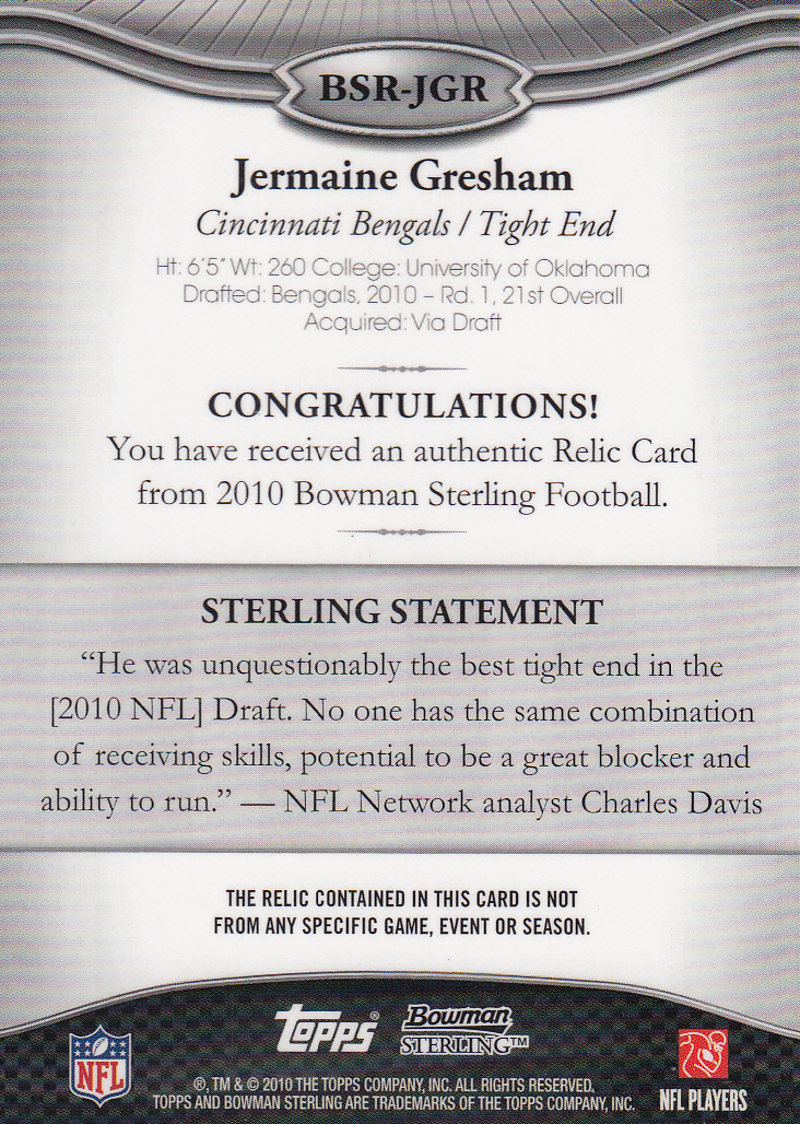 2010 Bowman Sterling #BSRJGR Jermaine Gresham JSY B RC back image