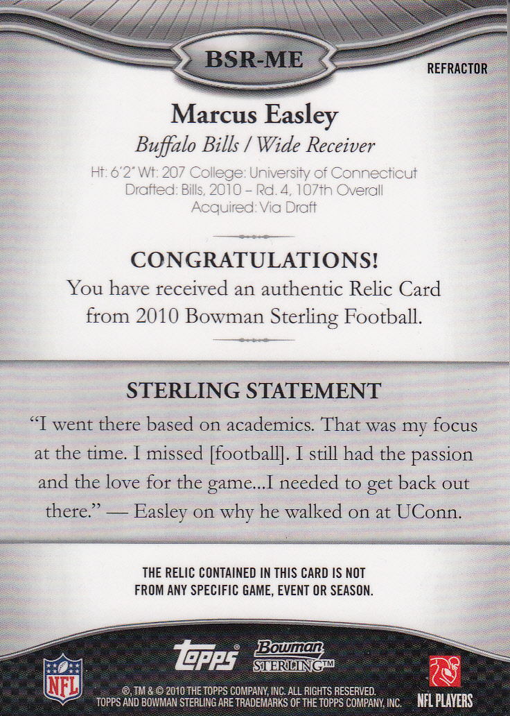 2010 Bowman Sterling Refractors #BSRME Marcus Easley JSY back image