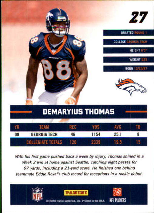 2010 Donruss Rated Rookies #27 Demaryius Thomas back image
