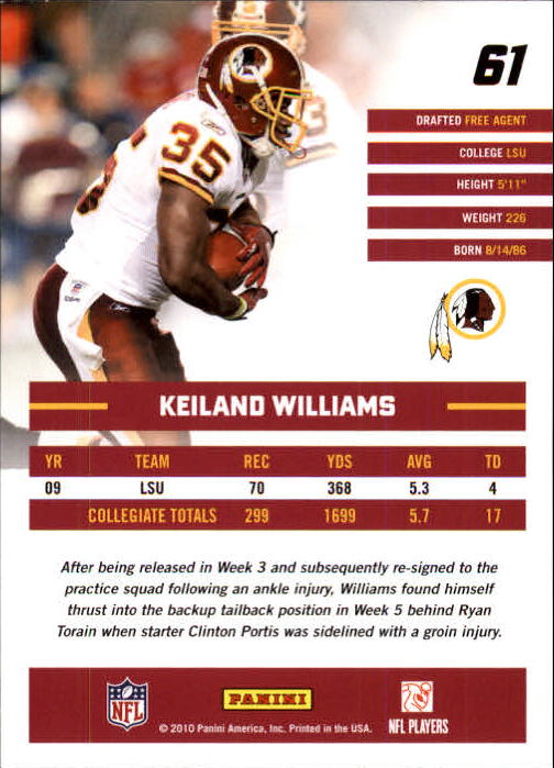 2010 Donruss Rated Rookies #61 Keiland Williams back image