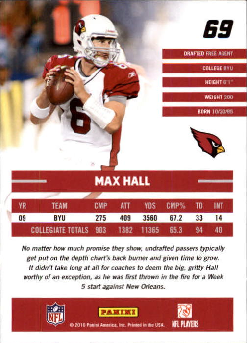 2010 Donruss Rated Rookies #69 Max Hall back image