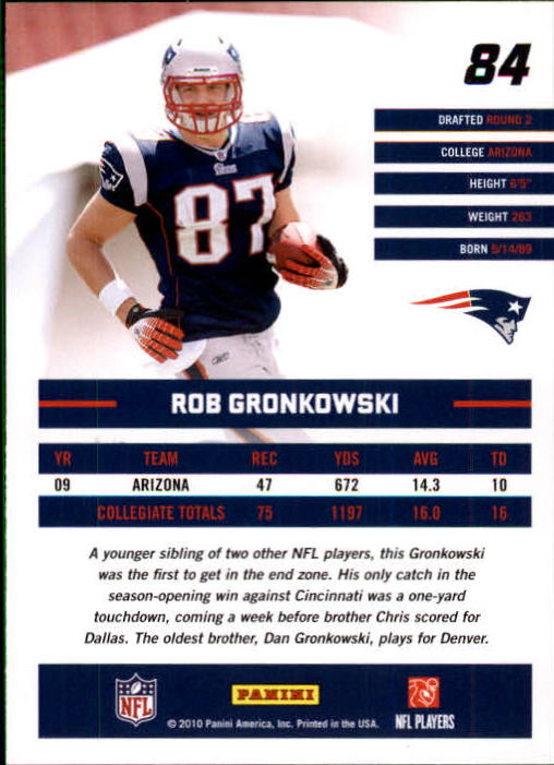 2010 Donruss Rated Rookies #84 Rob Gronkowski back image