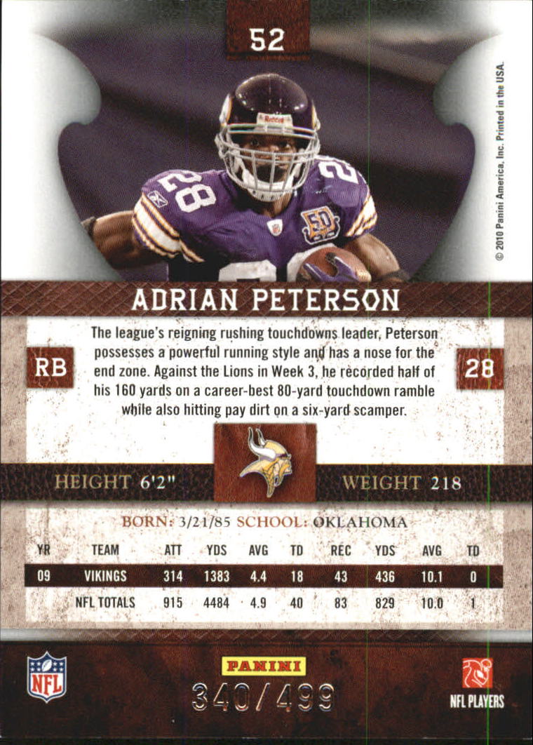 2010 Panini Plates and Patches #52 Adrian Peterson back image