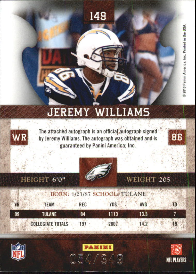 2010 Panini Plates and Patches #149 Jeremy Williams AU/349 RC back image