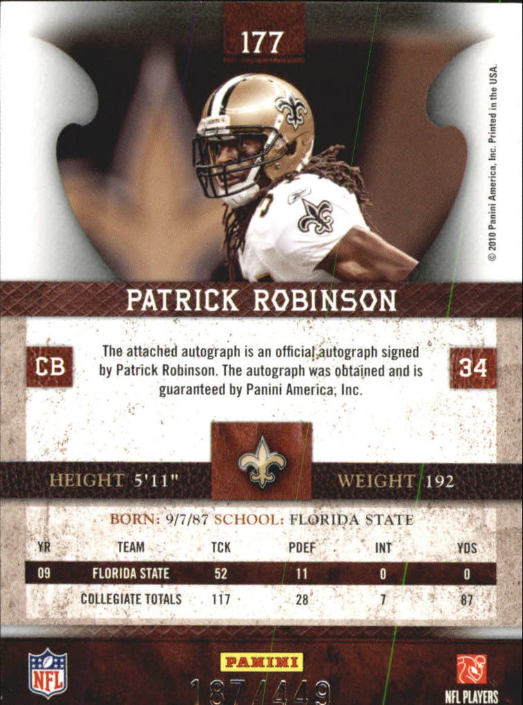 2010 Panini Plates and Patches #177 Patrick Robinson AU/449 RC back image