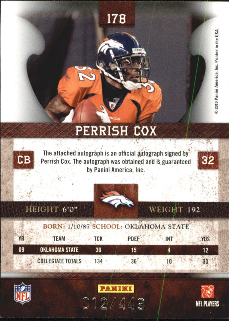2010 Panini Plates and Patches #178 Perrish Cox AU/449 RC back image