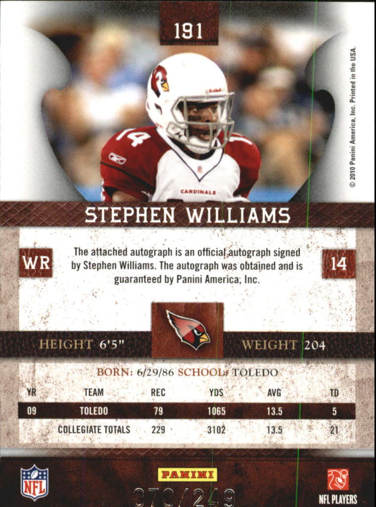 2010 Panini Plates and Patches #191 Stephen Williams AU/249 RC back image