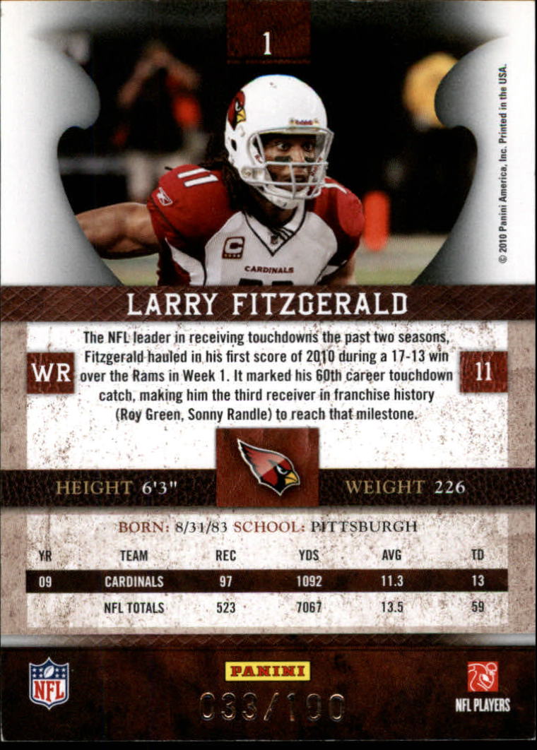 2010 Panini Plates and Patches Silver #1 Larry Fitzgerald back image