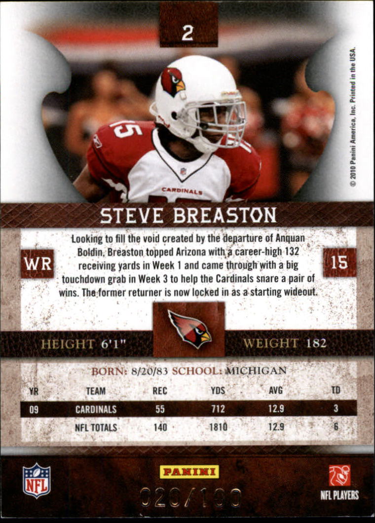 2010 Panini Plates and Patches Silver #2 Steve Breaston back image