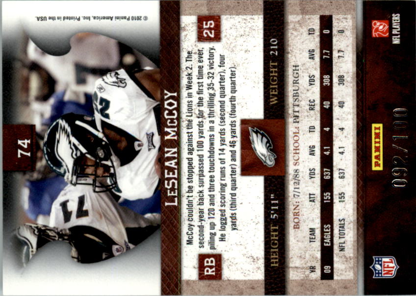 2010 Panini Plates and Patches Silver #74 LeSean McCoy back image