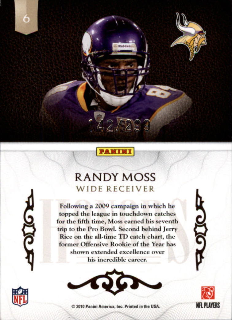 2010 Panini Plates and Patches Honors #6 Randy Moss back image