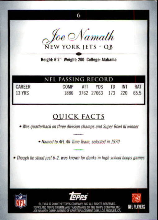 2010 Topps Tribute #6 Joe Namath back image