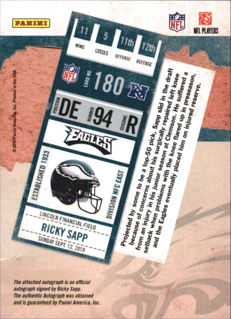 2010 Playoff Contenders #180 Ricky Sapp AU RC back image