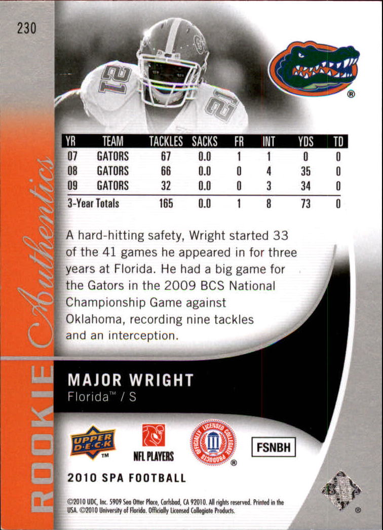 2010 SP Authentic #230 Major Wright RC back image
