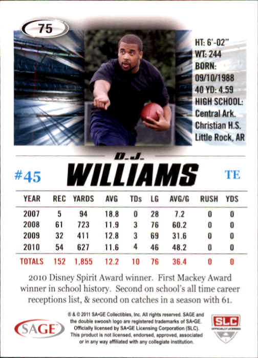 2011 SAGE HIT #75 D.J. Williams back image