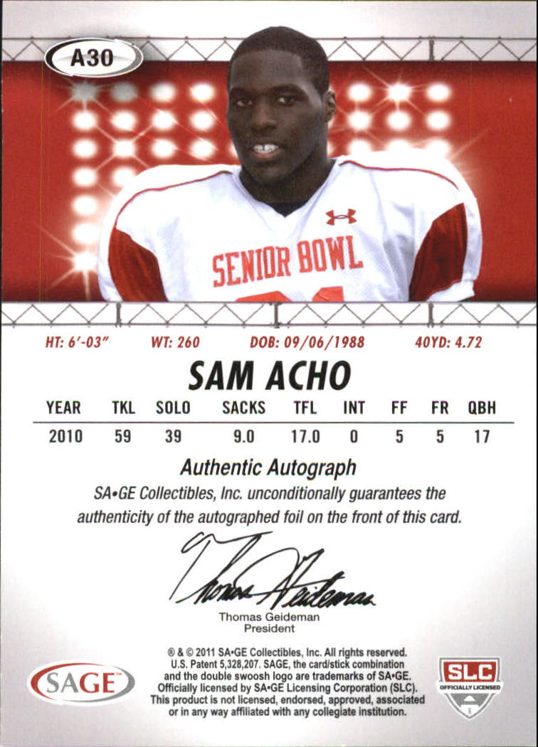2011 SAGE HIT Silver #30 Sam Acho back image