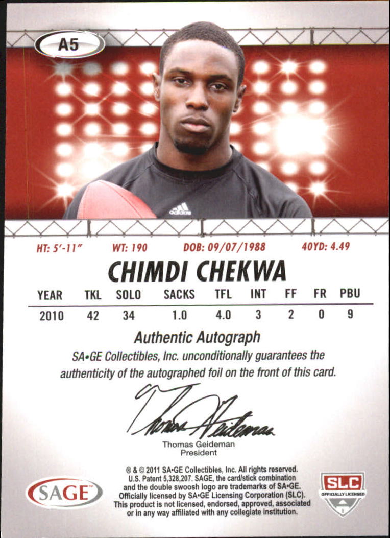 2011 SAGE HIT Autographs #5 Chimdi Chekwa back image