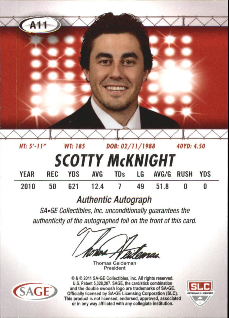 2011 SAGE HIT Autographs #11 Scotty McKnight back image