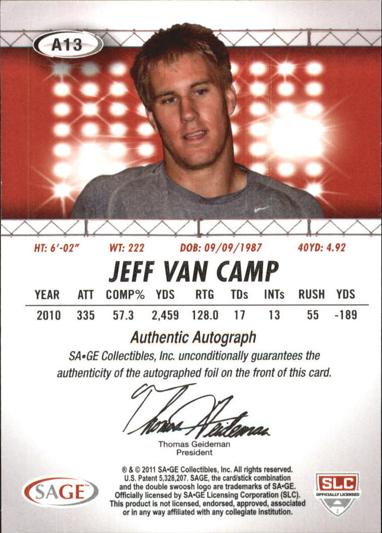 2011 SAGE HIT Autographs #13 Jeff Van Camp back image