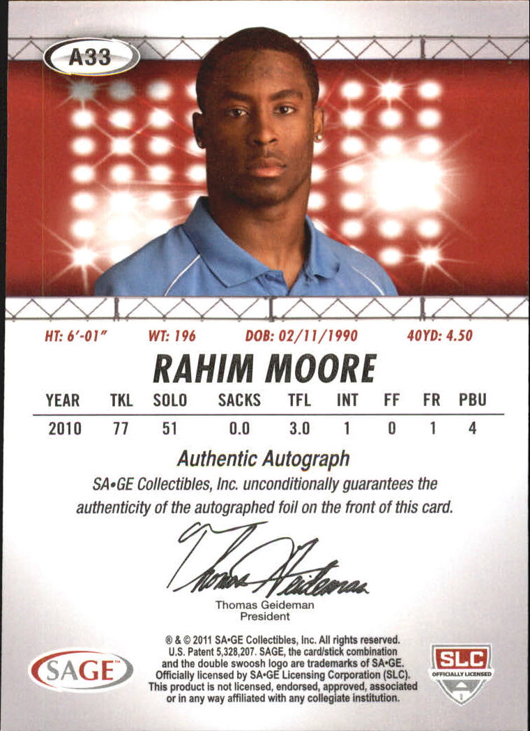 2011 SAGE HIT Autographs #33 Rahim Moore back image