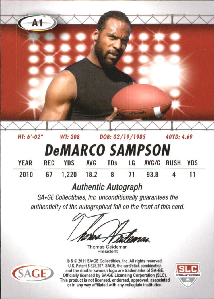2011 SAGE HIT Autographs Silver #1 DeMarco Sampson back image