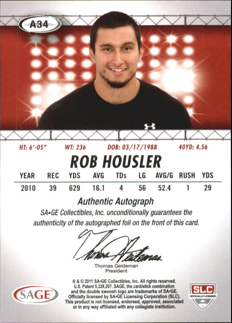 2011 SAGE HIT Autographs Silver #34 Rob Housler back image