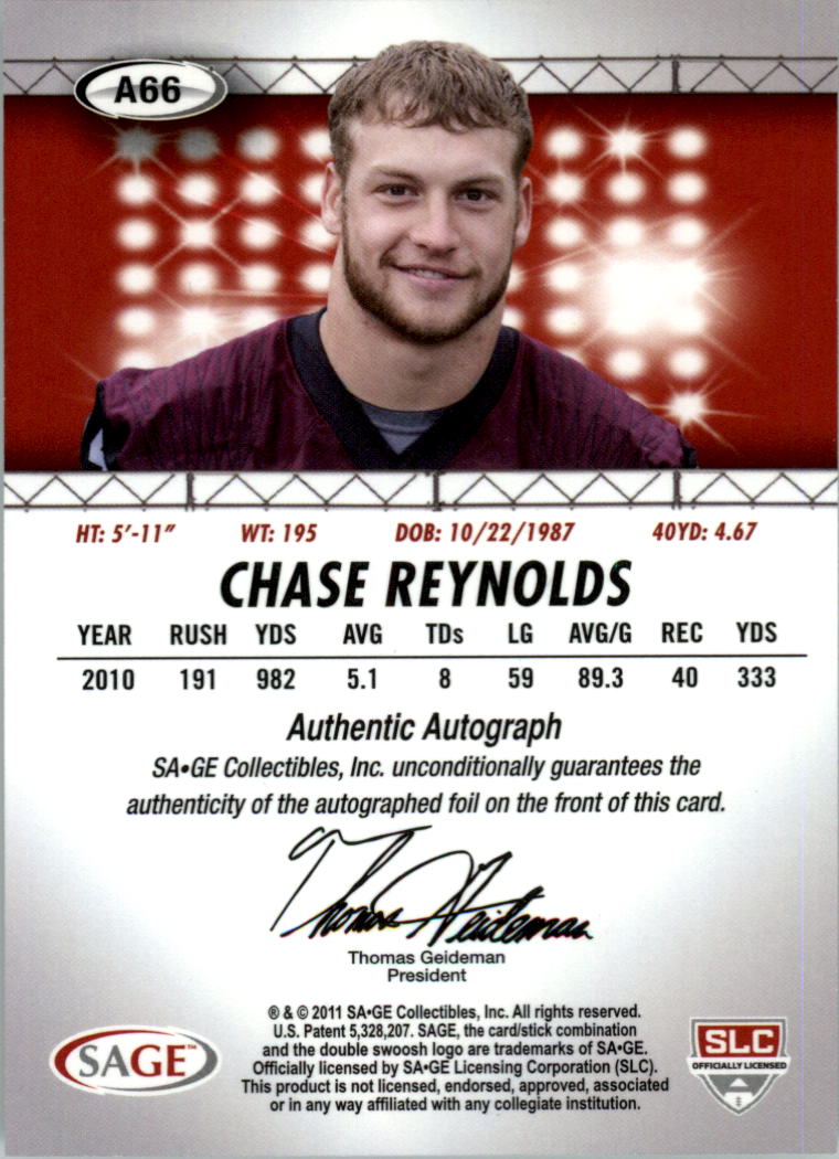 2011 SAGE HIT Autographs Silver #66 Chase Reynolds back image