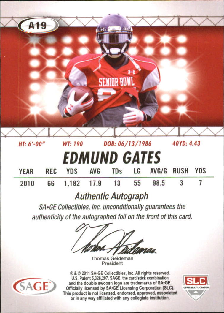 2011 SAGE HIT Autographs Gold #19 Edmond Gates back image