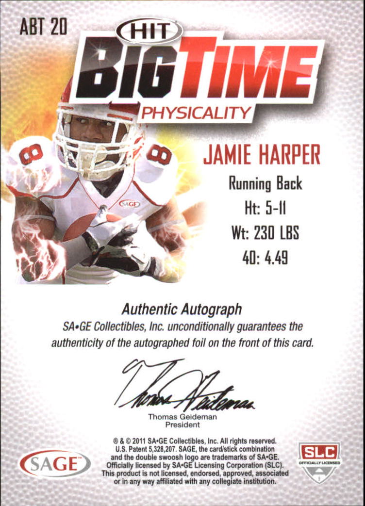 2011 SAGE HIT Big Time Autographs #BA20 Jamie Harper back image