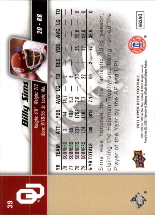 2011 Upper Deck #39 Billy Sims back image