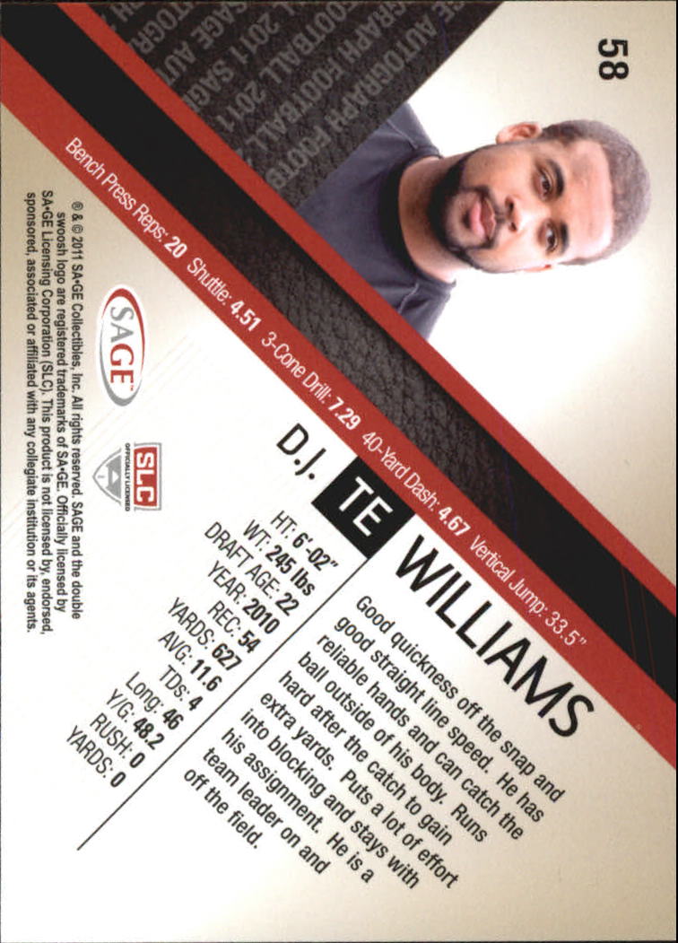 2011 SAGE #58 D.J. Williams back image