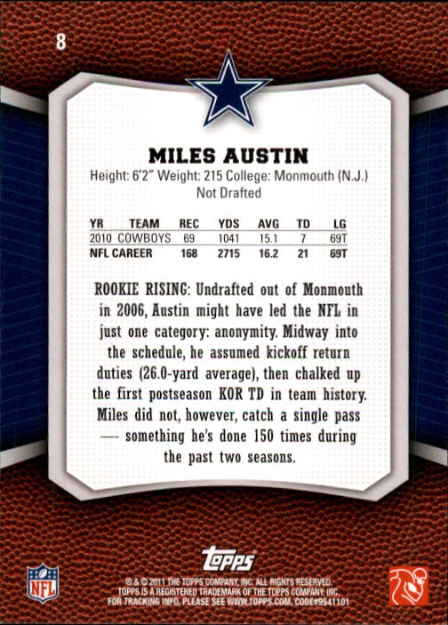 2011 Topps Rising Rookies #8 Miles Austin back image