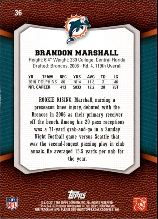 2011 Topps Rising Rookies #36 Brandon Marshall back image