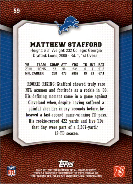 2011 Topps Rising Rookies #59 Matthew Stafford back image